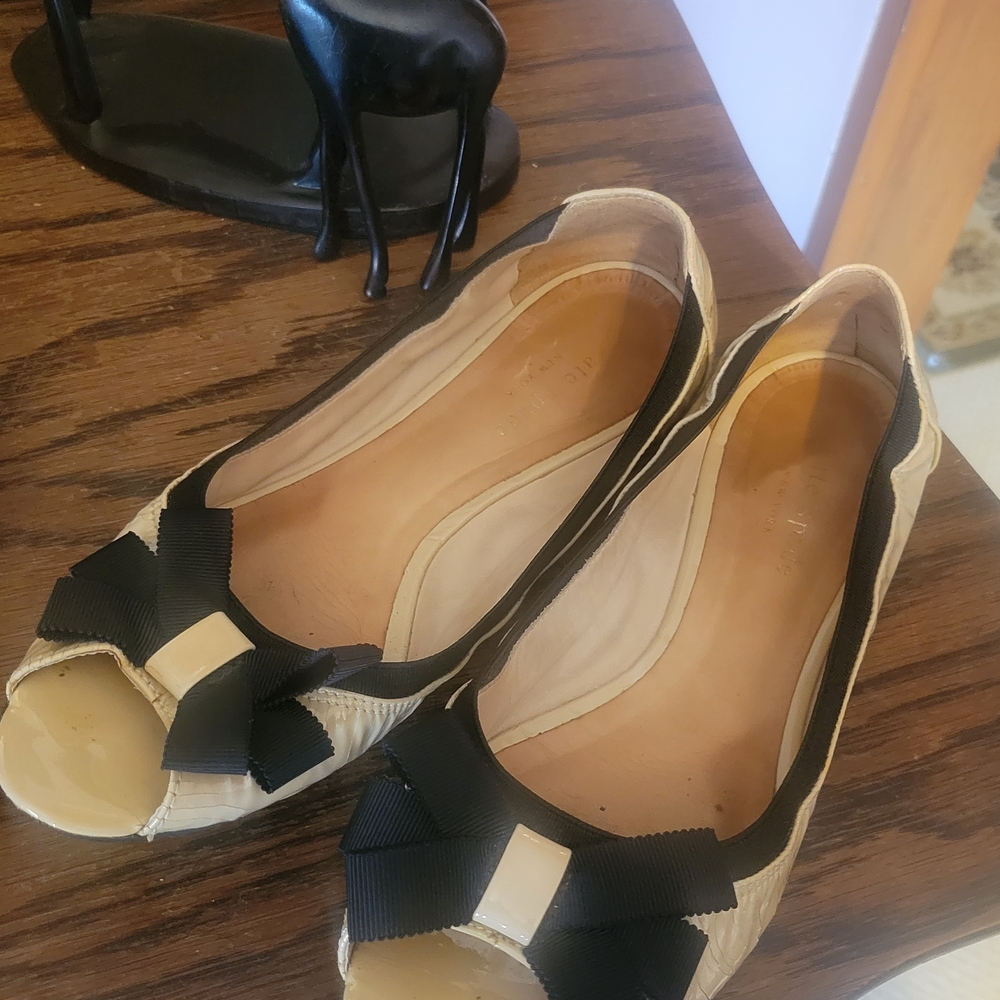 kate spade Black and Cream Bow Peep-Toe Flats
